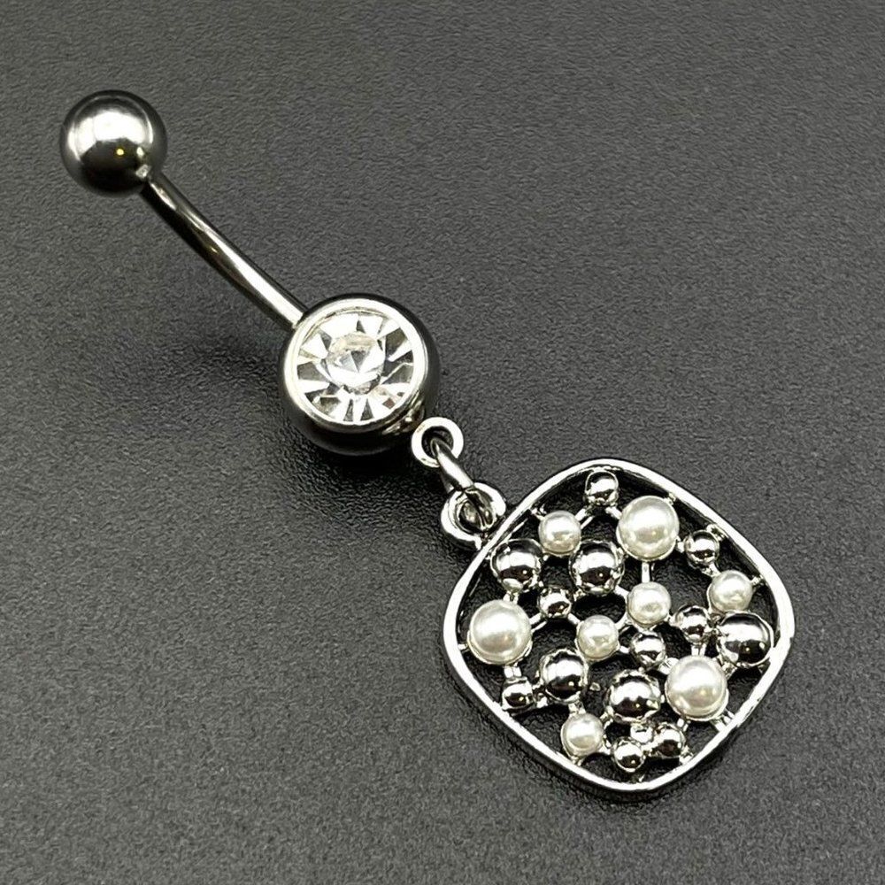 316L Stainless Steel with Diamond Cubic Zirconia and Pearl Square 14G Belly Ring